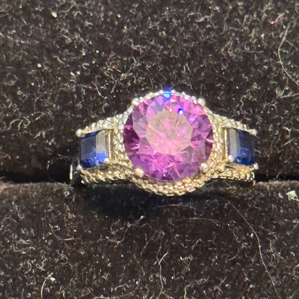 Elegant STS Rhodium Plated 925 Sterling Silver Simulated? Amethyst Sapphire Ring
